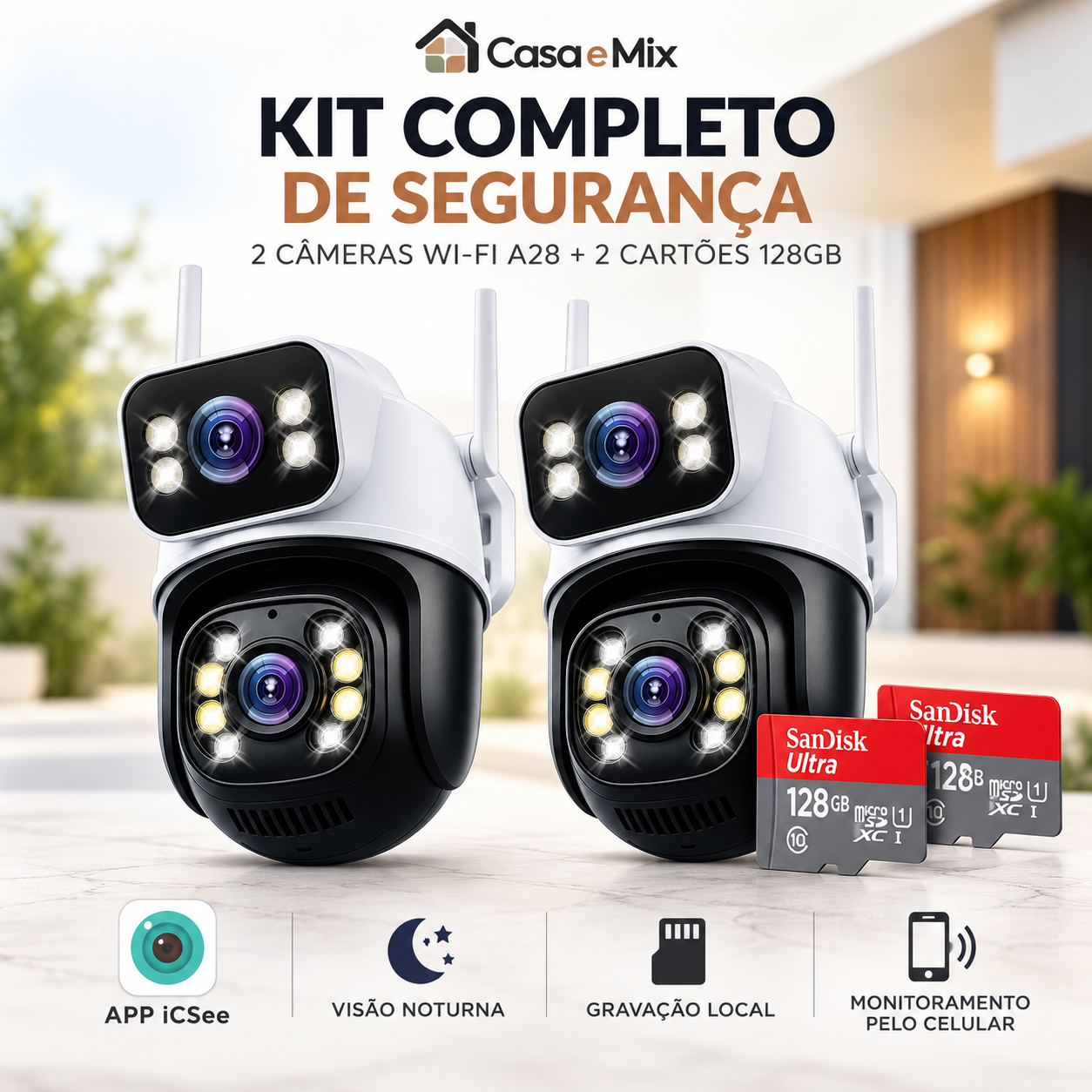 Câmera de Segurança Wi-Fi A28 4K App iCSee — Visão Noturna e Som
